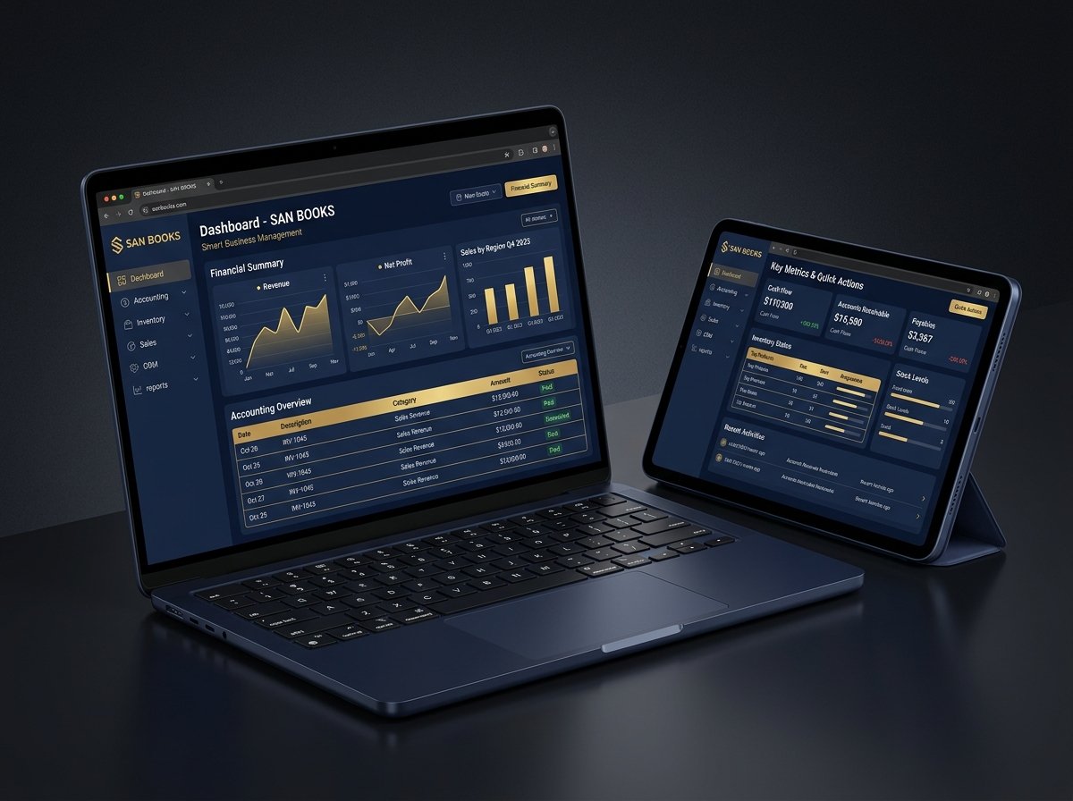 SAN BOOKS ERP — Smart business management dashboard on laptop and tablet